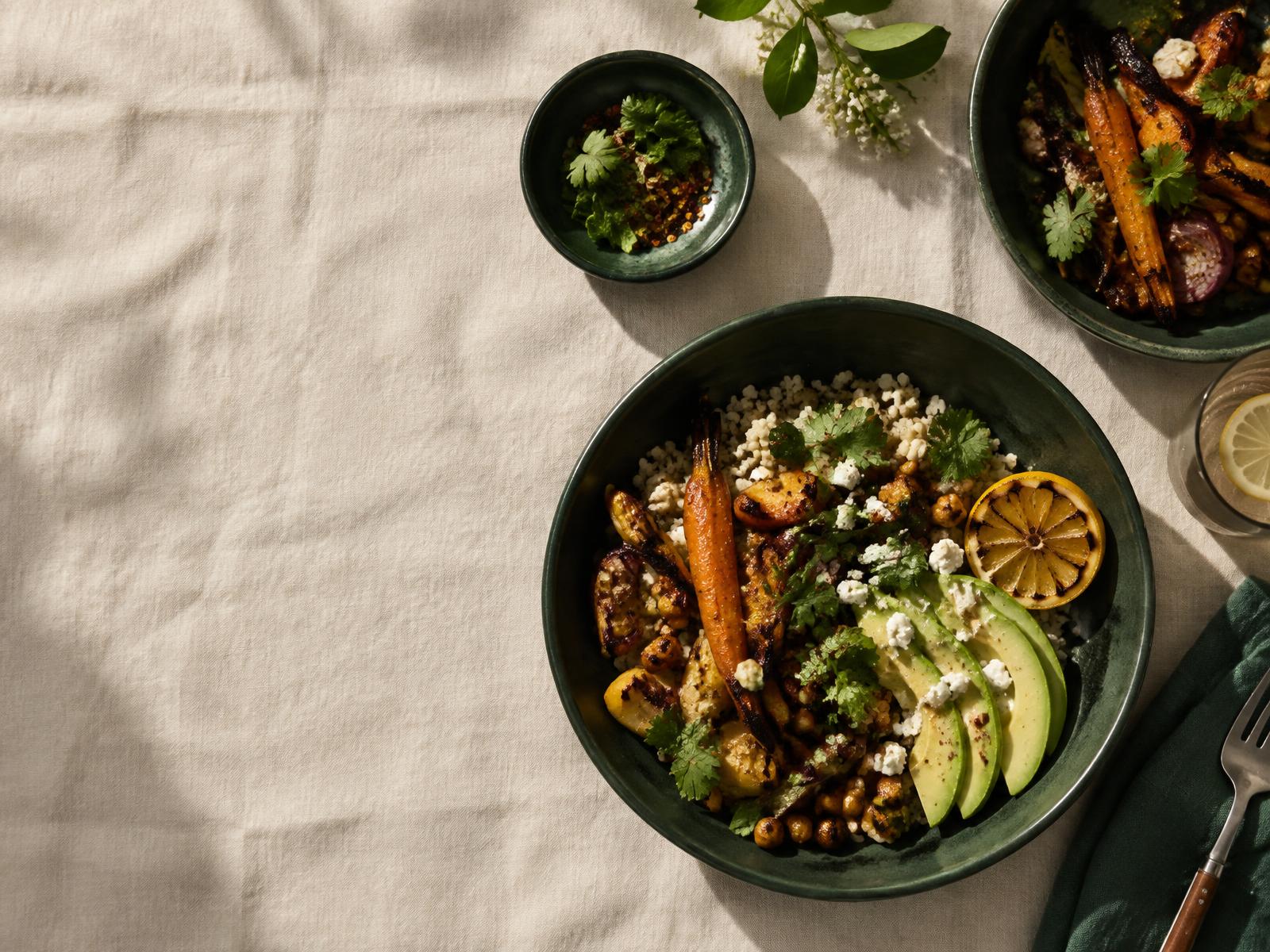 Bowls of roasted vegetables, grains and herbs on a cream linen table