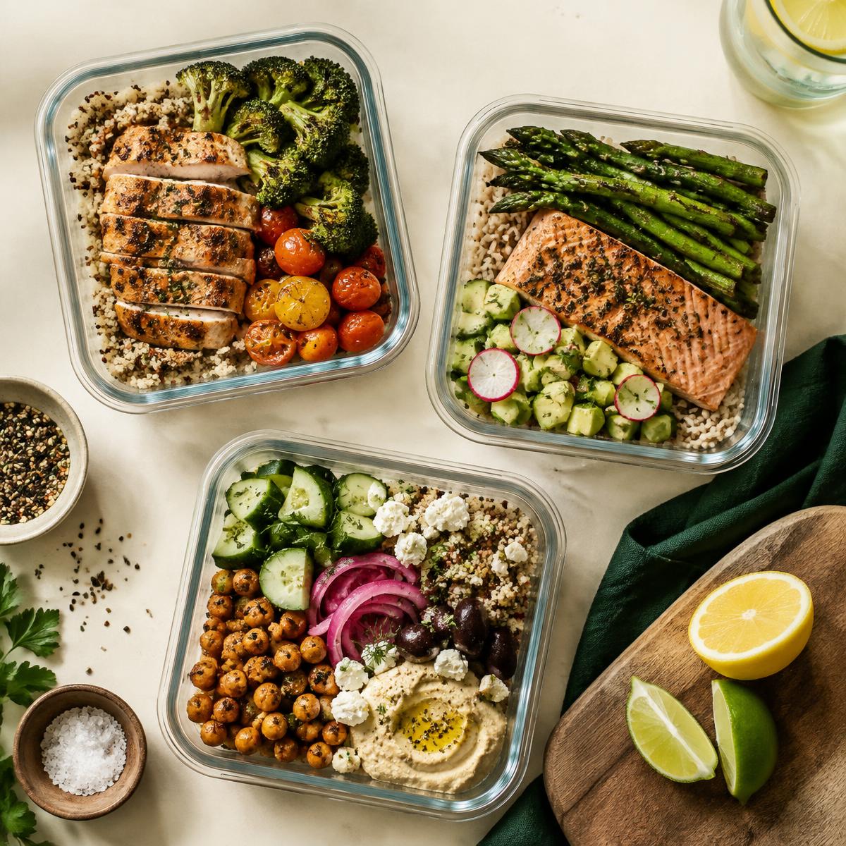 Meal-prep containers with balanced meals on a cream surface