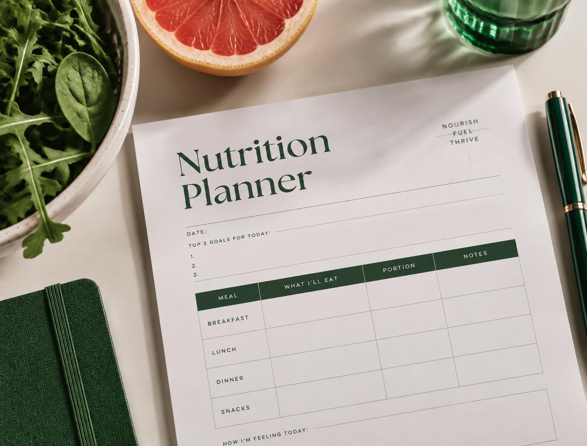 A printed nutrition planner page with a pen and fresh greens